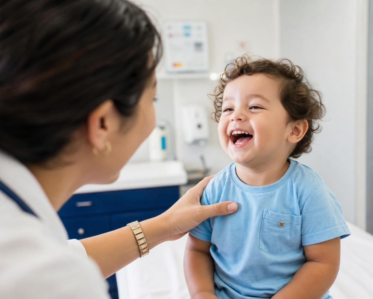 A cheerful child laughing during a friendly pediatric checkup